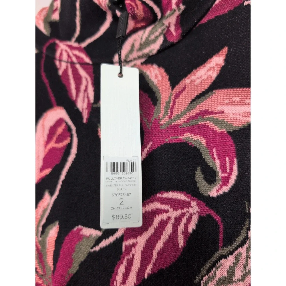 Chico's Sweater Womens Size 2 Black Floral  New